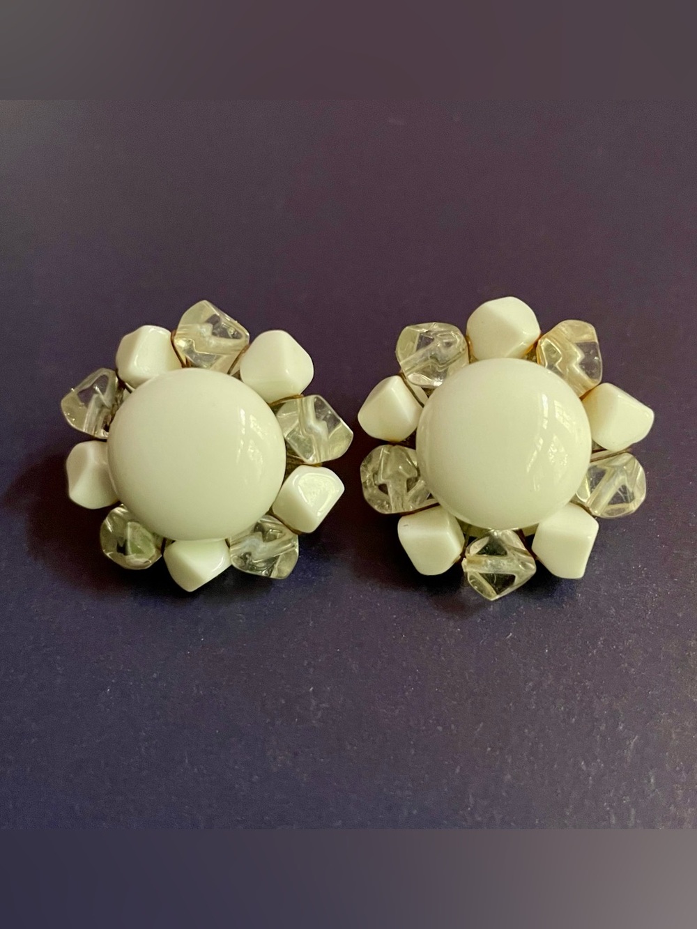 Vintage Stamped Japan White and Clear Clip on Earrings